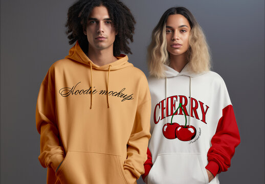 Hoodie Mockup with Two Models Standing in Studio