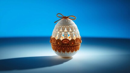 Ornate Crocheted Egg Ornament with Golden Bow on Blue Background