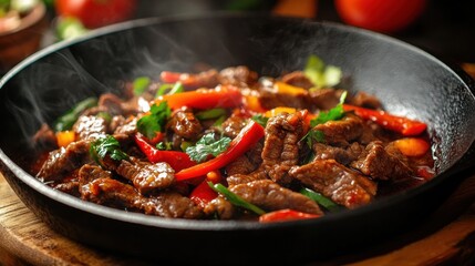 Fototapeta premium A sizzling stir-fry featuring tender pieces of beef combined with vibrant red and yellow bell peppers, creating a colorful and appetizing dish. 