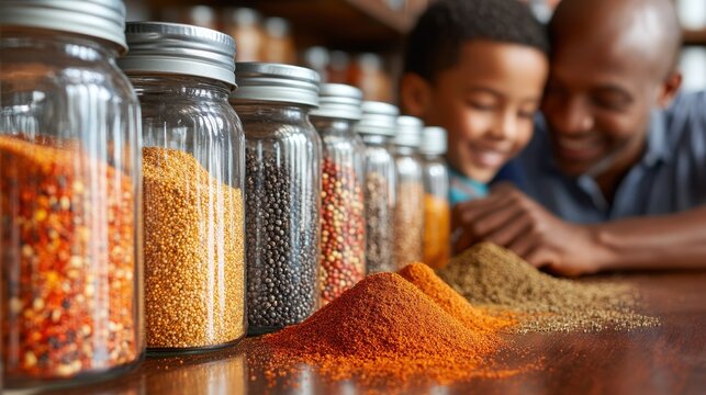 Father and son preparing homemade BBQ sauce, healthy, coffee, herb, buckwheat, grain, diet, salt, natural