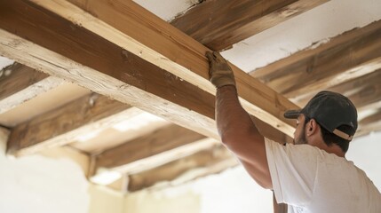 Fototapeta premium Hispanic carpenter installing wooden beams in a ceiling. Featuring carpentry and home renovation