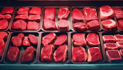 selection of fresh raw red meat in supermarket different cuts of prime meat steaks angus t bone ribeye striploin tomahawk on display in a grocery store meat counter generative ai