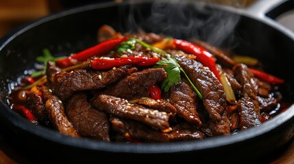 A sizzling stir-fry featuring tender pieces of beef combined with vibrant red and yellow bell peppers, creating a colorful and appetizing dish. 