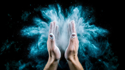 Gymnast clapping hands with white chalk magnesium powder exploding on black background