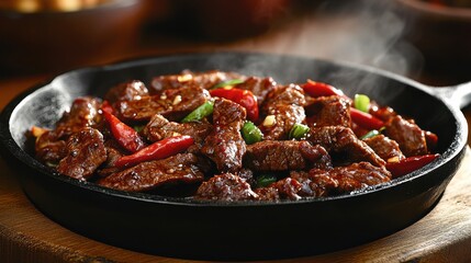 A sizzling stir-fry featuring tender pieces of beef combined with vibrant red and yellow bell peppers, creating a colorful and appetizing dish. 