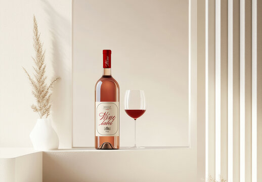 Wine Bottle and Glass Mockup in Minimalist Arch Scene