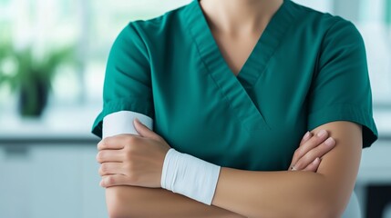 Obraz premium Medical professional with bandaged arms stands confidently in healthcare setting