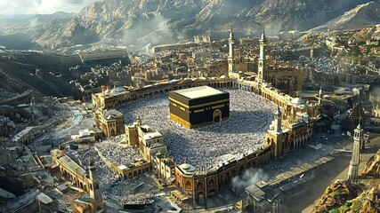 Aerial view of the Kaaba surrounded by pilgrims in a bustling holy city, with mountains in the background