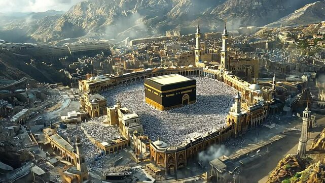 Aerial view of the Kaaba surrounded by pilgrims in a bustling holy city, with mountains in the background