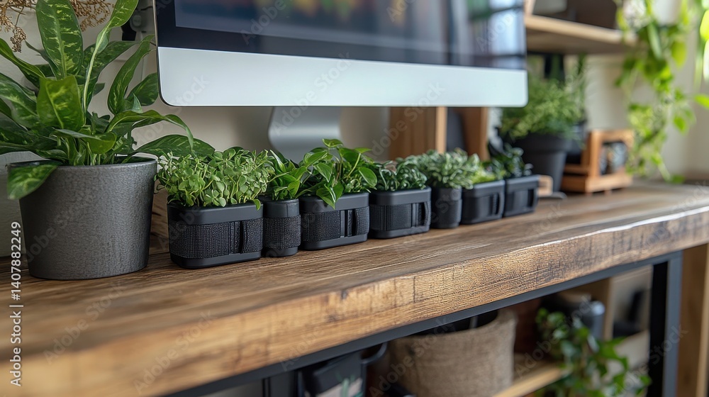 Poster cable management under wooden desk using black velcro straps showcasing organized wiring setup for e
