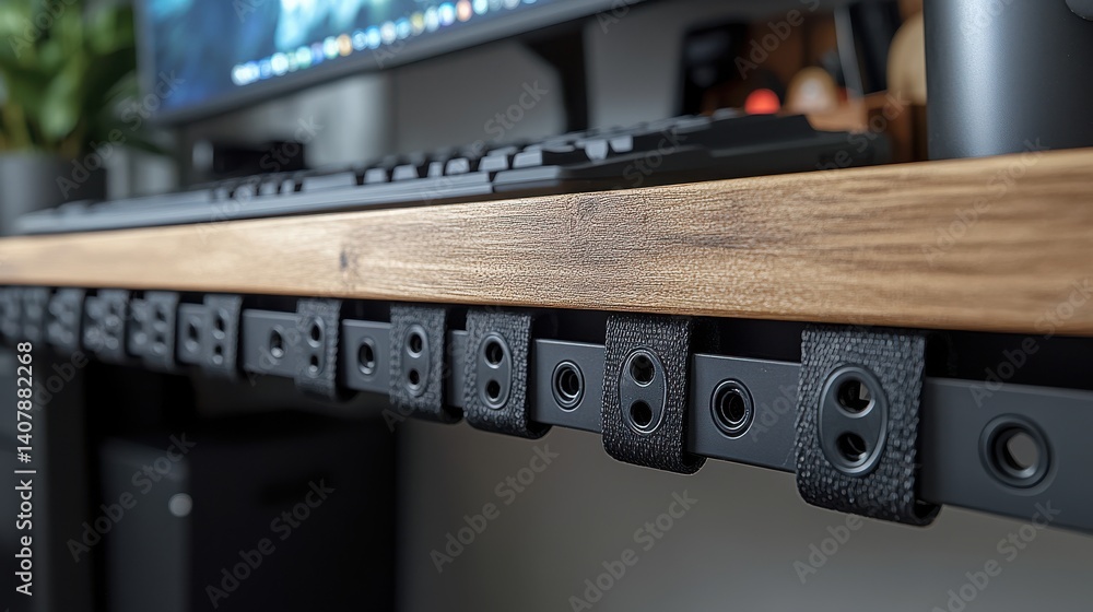 Poster cable management under wooden desk using black velcro straps showcasing organized wiring setup for e