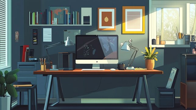 A sleek vector illustration of a home office with a standing desk, large monitor, and motivational d&Atilde;&fnof;&Acirc;&copy;cor.