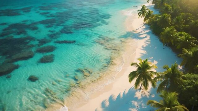 Overhead shot of a pristine tropical isle with blue waters, palm trees, and soft waves.