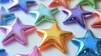 Obraz premium Glossy Iridescent Rainbow Star Shapes on White Background