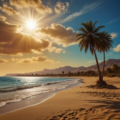 tropical beach sunset palm trees