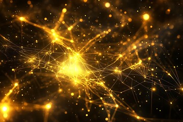 Abstract golden network with glowing lights and connections isolated on black background