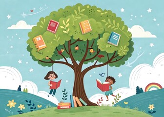 Naklejka premium Creative poster design dedicated to the International Children's Book Day. A bright green tree with children's books and notebooks growing on it