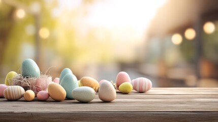 Easter decoration chick ornaments festive banners. Pastel Easter Eggs Displayed on Wooden Table in Warm Sunlight for a Festive Spring Celebration.