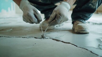 Construction laborer sealing cracks in a foundation with epoxy. Featuring precision and repair skill