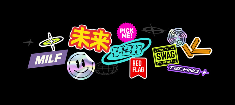 Perfect Y2k stickers pack 5 with logotypes and emblems concepts in cyberpunk style. Retro futuristic japanes holographics stickers set in Techno Rave style.  Aesthetic of Asian 90s - 2000s 