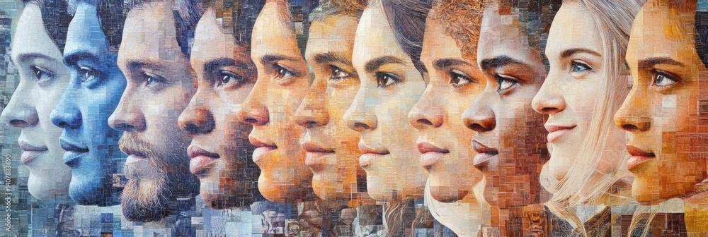 Aufkleber mosaic representing diverse human faces showcasing unity and diversity from different cultures aroun