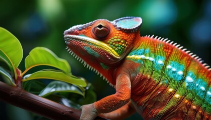 Fototapeta premium intriguing chameleon blending into vibrant foliage showcasing its colorful skin and unique patterns