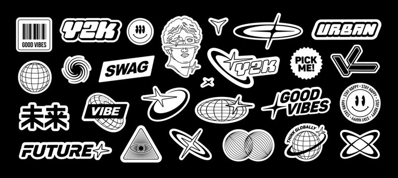 Trendy Y2k logotypes and emblems in cyberpunk style for clothes print design. Vintage futuristic japanes stickers set in Techno Rave style. Retro Asian 90s - 2000s apparel signs (set 4)