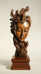 Intricate wooden sculpture of a serene female figure with floral headpiece.