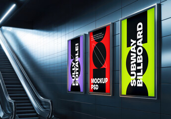 Set of Vertical Subway Billboard Mockups in Underground Corridor