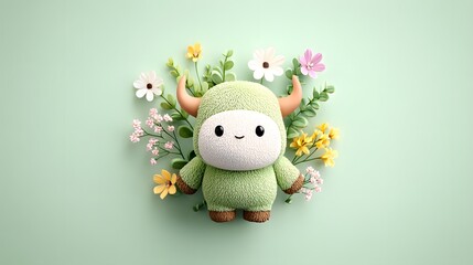 Fototapeta premium Cute cartoon taurus with flowers whimsical setting adorable design