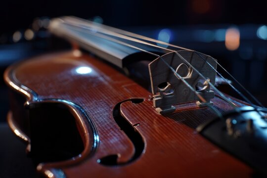 Vibrating violin strings glow under stage lighting, showcasing the instrument’s intricate bridge detail and conveying a sense of dramatic musicality.