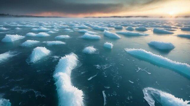 Bird's-eye perspective of ice and ice shove on the frozen lake following an extended frost period in winter