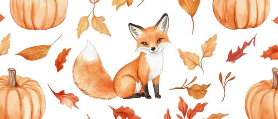 Fototapeta premium A fox is sitting in a field of autumn leaves and pumpkins