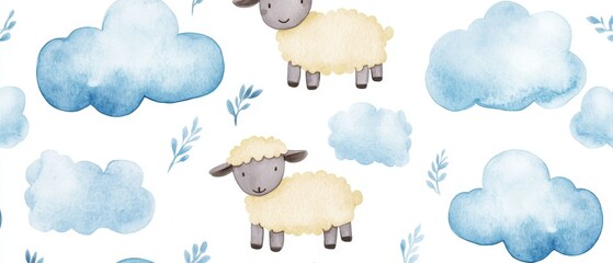 A blue and white background with a pattern of clouds and sheep