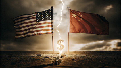 war, economy, geopolitics, comparison, finance, money, investments ,Dark stormy clouds in the background, representing tension, AI