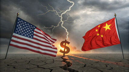 war, economy, geopolitics, comparison, finance, money, investments ,Dark stormy clouds in the background, representing tension, AI