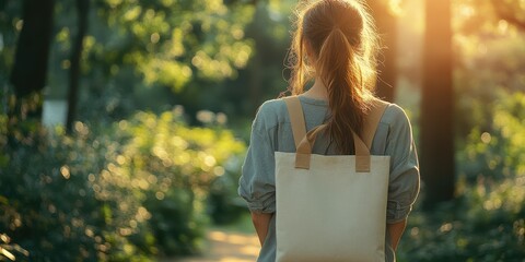 Naklejka premium Woman enjoys a peaceful walk in a sunlit park surrounded by greenery during golden hour