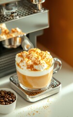 Coffee beverage topped with whipped cream and caramel drizzle on a stylish countertop.