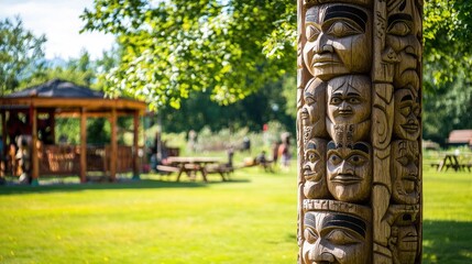 Carved totem pole in park with gazebo and picnic tables.