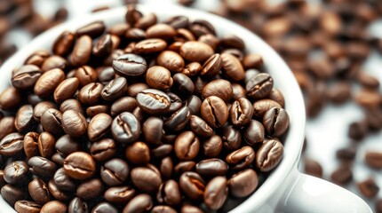 Fototapeta premium Roasted coffee beans in a white cup. Close-up view of coffee beans