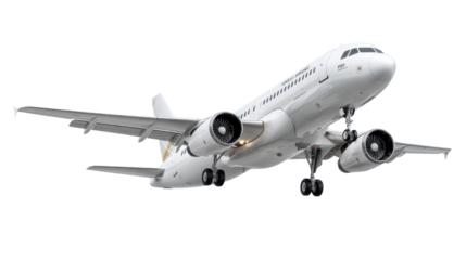 Airbus A320 Landing: A sleek, modern Airbus A320 passenger jet descends for landing, showcasing its powerful engines and aerodynamic design against a clear sky.