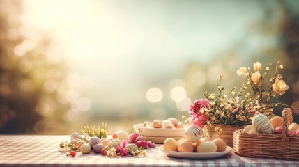 Easter decoration chick ornaments festive banners. Rustic Easter Table Arrangement with Eggs Flowers in Basket on Checkered Linen Cloth Outdoors.