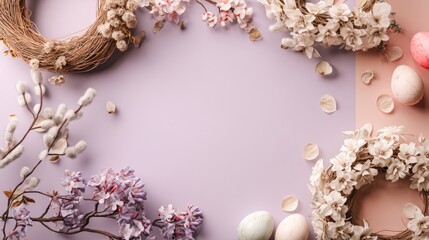 Easter decoration chick ornaments festive banners. Serene Easter Composition with Floral Wreaths and Pastel Eggs on Lavender and Peach Backdrop.