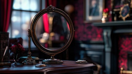 Antique vanity mirror in a dark, opulent room with portraits