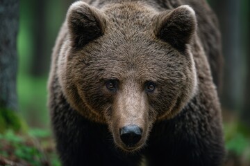 Fototapeta premium A curious bear with detailed fur stares intently from a lush forest, captured in sharp detail for striking wildlife imagery.