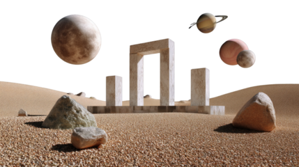 Celestial Gateway: Surreal vision, ancient architectural structure amidst a sandy expanse, featuring orbiting planets.