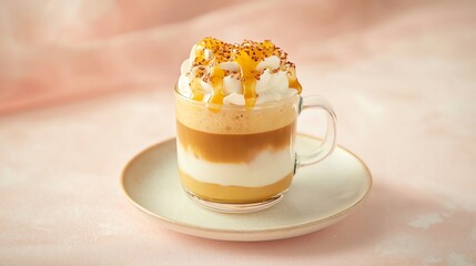Delicious layered coffee dessert in a clear cup with whipped cream and caramel.
