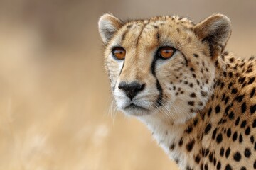 A cheetah’s intense gaze and distinctive spots define this savanna portrait, capturing the wildlife’s raw beauty in exceptional detail.
