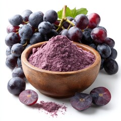 Grapes and powder in bowl still life on white background