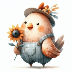 watercolor cartoon animals illustration of Cute rooster with Sunflower in Overalls	